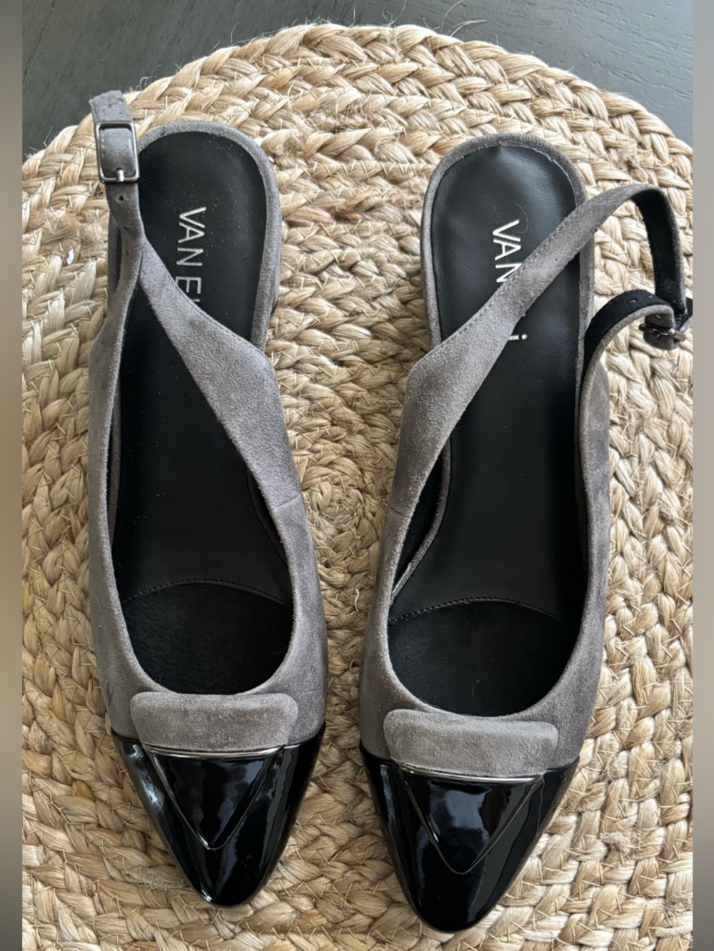 Vaneli Gray Suede Slingback Flats with Black Patent Pointed Toe